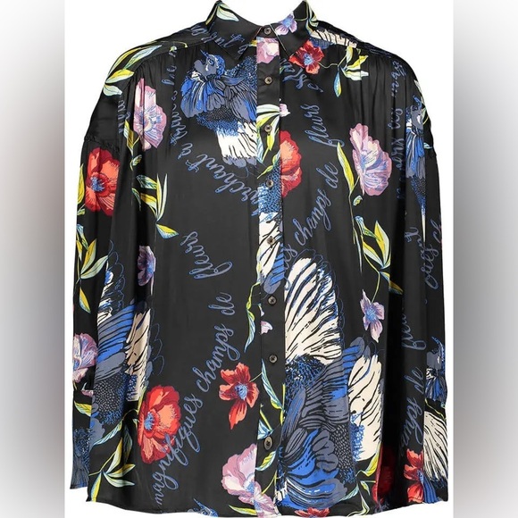 Free People Silky Nights Button Down Oversized Floral Blouse in Onyx Sz S - Picture 2 of 13